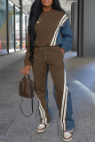 Brown O Neck Long Sleeve Striped Sweatshirt and Pants Sportwear Casual Two Pieces Jogger Sets