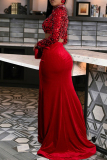 Red Sequin Evening Party Gown O Neck Long Sleeve Crop Tops And High Slit Maxi Skirt Formal Evening Party Prom Two Pieces Dress Sets