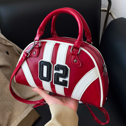 Black Digital Striped Print Round Handbag Zipper PU Leather Bags