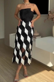 Black Plaid Print Sleeveless Strapless Formal Evening Party Prom Mesh Tube Maxi Dresses