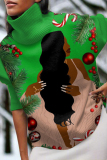 Green African Girl Print Turtleneck Long Sleeve Knitted Sweater