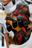 Turmeric African Figure Print Turtleneck Long Sleeve Fall Winter Knit Sweater