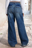Dark Blue Street Mid Waist Loose Distressed Wide Leg Denim Jeans