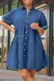 Blue Turndown Collar Half Sleeve Buckle Ball Gown Casual Plus Size Pleated Denim Mini Dresses