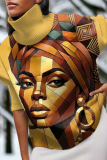 Apricot African Girl Print Turtleneck Long Sleeve Knitted Sweater