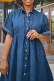 Blue Turndown Collar Half Sleeve Buckle Ball Gown Casual Plus Size Pleated Denim Mini Dresses