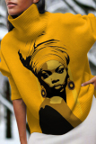 Turmeric African Figure Print Turtleneck Long Sleeve Fall Winter Knit Sweater
