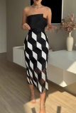 Black Plaid Print Sleeveless Strapless Formal Evening Party Prom Mesh Tube Maxi Dresses