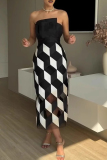 Black Plaid Print Sleeveless Strapless Formal Evening Party Prom Mesh Tube Maxi Dresses