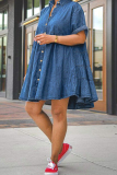Blue Turndown Collar Half Sleeve Buckle Ball Gown Casual Plus Size Pleated Denim Mini Dresses