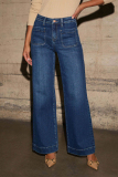 Dark Blue Casual Pocket High Waist Loose Distressed Wide Leg Denim Jeans