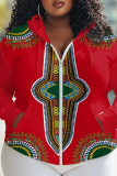 Red Casual Boho Graphics Print Zipper Hooded Long Sleeve Fall Winter Sweatshirt