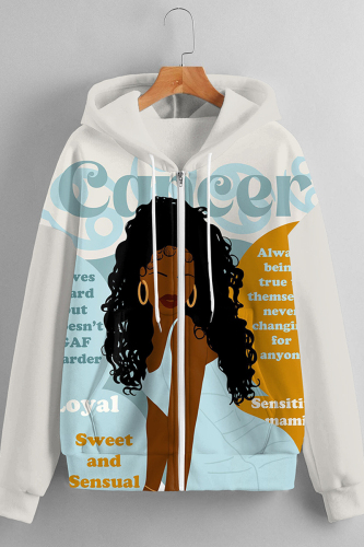 Lake Blue Casual Figure Print Zipper Hooded Long Sleeve Fall Winter Sweatshirt