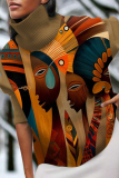 Turmeric African Figure Print Turtleneck Long Sleeve Fall Winter Knit Sweater