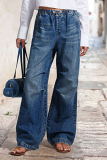 Dark Blue Street Mid Waist Loose Distressed Wide Leg Denim Jeans