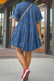 Blue Turndown Collar Half Sleeve Buckle Ball Gown Casual Plus Size Pleated Denim Mini Dresses