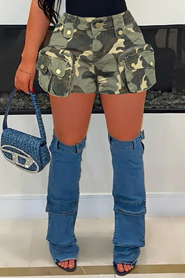 Army Green Camouflage Print High Waist Casual Pocket Denim Cargo Shorts