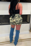 Army Green Camouflage Print High Waist Casual Pocket Denim Cargo Shorts