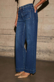 Dark Blue Casual Pocket High Waist Loose Distressed Wide Leg Denim Jeans