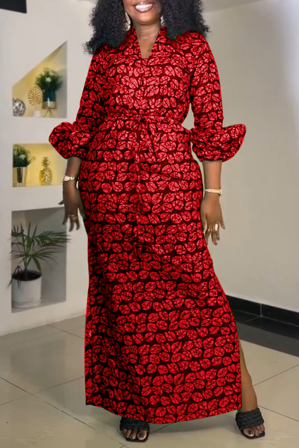 Green Leaf Print V Neck Lantern Sleeve Side Slit Casual Vacation Garden Party Maxi Dresses