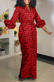 Green Leaf Print V Neck Lantern Sleeve Side Slit Casual Vacation Garden Party Maxi Dresses