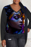 Black Yellow Casual Figure Print V Neck Long Sleeve Fall Winter T-shirt