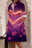 Silver Gray Heart Print Turndown Collar Buckle Casual Pocket Vacation Shirt Mini Dresses