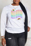White Green Letter Print O Neck Casual Fall Winter Plus Size Long Sleeve T Shirt