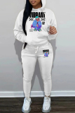 White Casual Graphics Print Hooded Long Sleeve Sweatshirts and Drawstring Pants Sportwear Casual Two Pieces Sweatsuit Sets