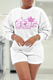 White Pink Letter Print O Neck Long Sleeve Sweatshirt And Shorts Sportwear Casual Two Pieces Jogger Sets