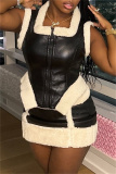 Black Zipper U Neck Sleeveless Furry Trim PU Leather Tops And Mini Skirt Night Club Casual Two Pieces Dress Sets