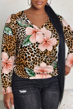 Light Brown Leopard Print V Neck  Casual Fall Winter Plus Size Long Sleeve T Shirt