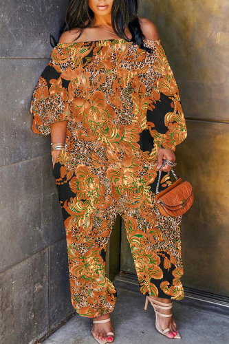 Orange Graphics Print Off Shoulder Long Sleeve Vacation Loose Casual Outing Harem Jumpsuit
