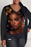 Black Yellow Casual Figure Print V Neck Long Sleeve Fall Winter T-shirt