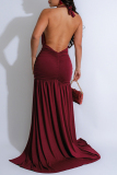White Sleeveless Backless Deep V Neck Side Slit Belted Long Formal Evening Party Prom Ruched Halter Maxi Dresses