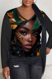 Black Yellow Casual Figure Print V Neck Long Sleeve Fall Winter T-shirt