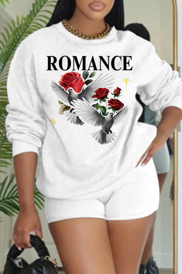 White Black Letter Print O Neck Long Sleeve Sweatshirt And Shorts Sportwear Casual Two Pieces Jogger Sets