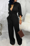 Black Turndown Collar Long Sleeve Strap Design Pocket Buckle Casual  Formal Office Lady Straight Leg Jumpsuits