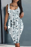 Black Graphics Print U Neck Sleeveless Vacation Bodycon Midi Tank Dress