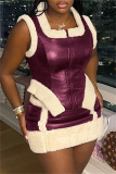 Black Zipper U Neck Sleeveless Furry Trim PU Leather Tops And Mini Skirt Night Club Casual Two Pieces Dress Sets