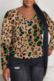 Light Brown Leopard Print V Neck  Casual Fall Winter Plus Size Long Sleeve T Shirt
