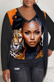 Black Yellow Casual Figure Print V Neck Long Sleeve Fall Winter T-shirt