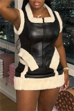 Black Zipper U Neck Sleeveless Furry Trim PU Leather Tops And Mini Skirt Night Club Casual Two Pieces Dress Sets