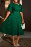 Green 3D Flower Decor Jacquard Zipper Asymmetric Collar Puff Sleeve A Line Pleated Midi Dresses
