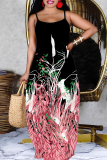 Pink Casual Floral Print Backless Sleeveless Spaghetti Strap Long Loose Maxi Slip Dresses