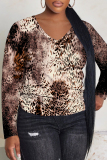 Light Brown Leopard Print V Neck  Casual Fall Winter Plus Size Long Sleeve T Shirt