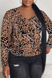 Light Brown Leopard Print V Neck  Casual Fall Winter Plus Size Long Sleeve T Shirt