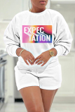 White Pink Letter Print O Neck Long Sleeve Sweatshirt And Shorts Sportwear Casual Two Pieces Jogger Sets