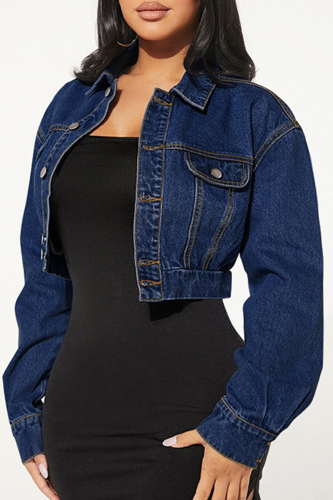 Dark Blue Turndown Collar Long Sleeve Pocket Casual Outing Buckle Denim Crop Jacket