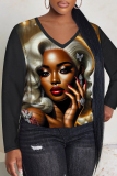 Black Red Casual Figure Print V Neck Long Sleeve Fall Winter T-shirt
